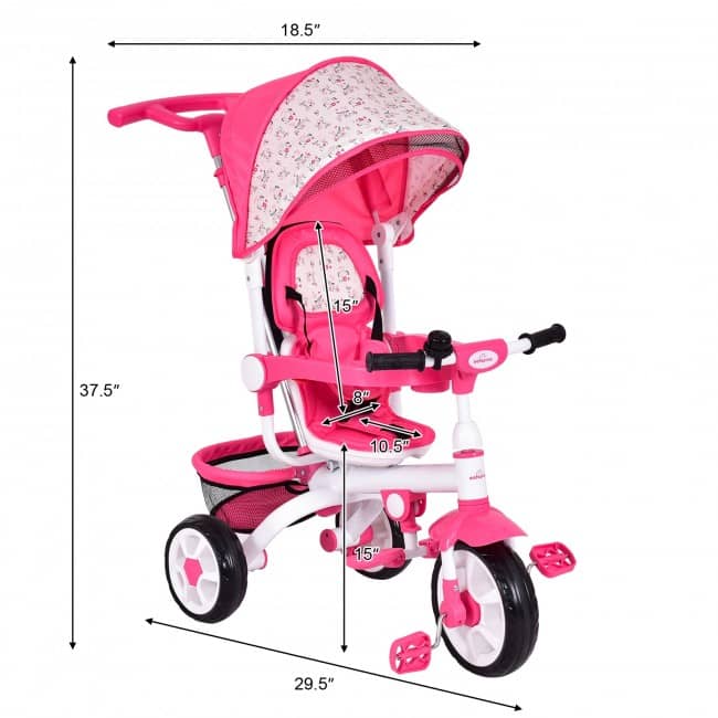 4-in-1 Detachable Baby Stroller Tricycle with Round Canopy-Pink-Little Riderz