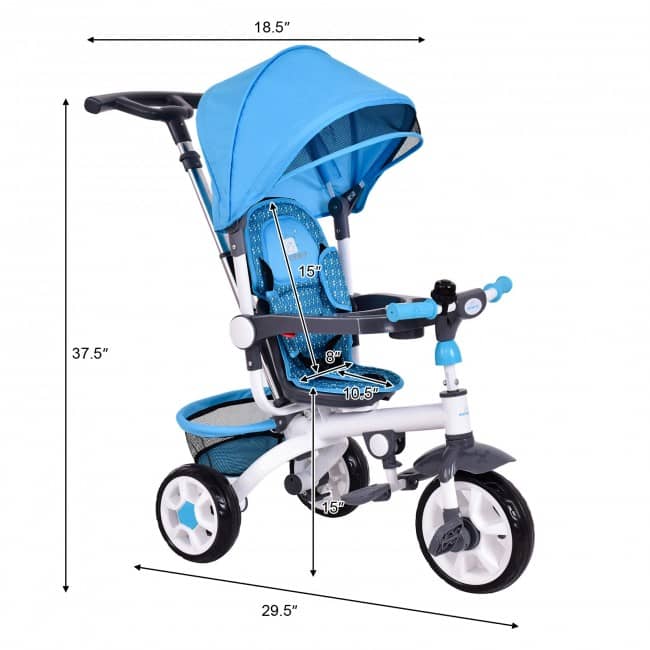 4-in-1 Detachable Baby Stroller Tricycle with Round Canopy-Blue-Little Riderz