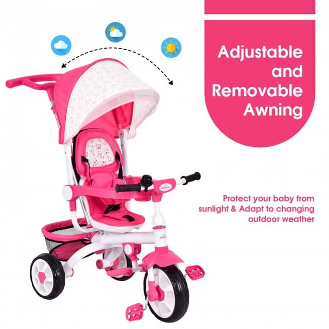 4-in-1 Detachable Baby Stroller Tricycle with Round Canopy-Pink-Little Riderz