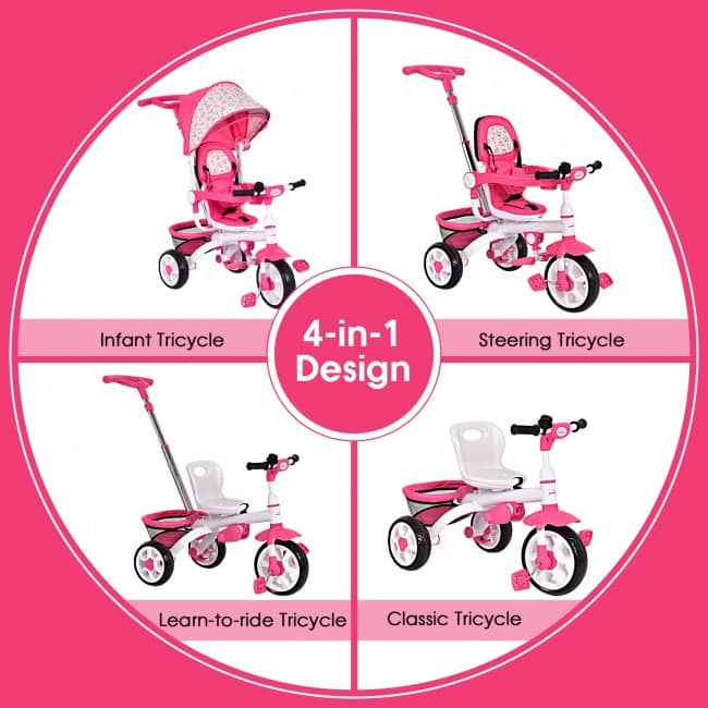 4-in-1 Detachable Baby Stroller Tricycle with Round Canopy-Pink-Little Riderz