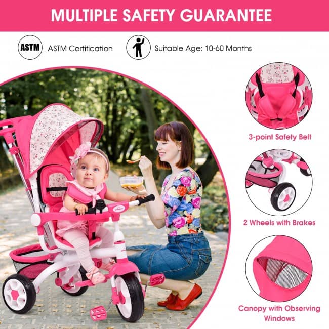 4-in-1 Detachable Baby Stroller Tricycle with Round Canopy-Pink-Little Riderz