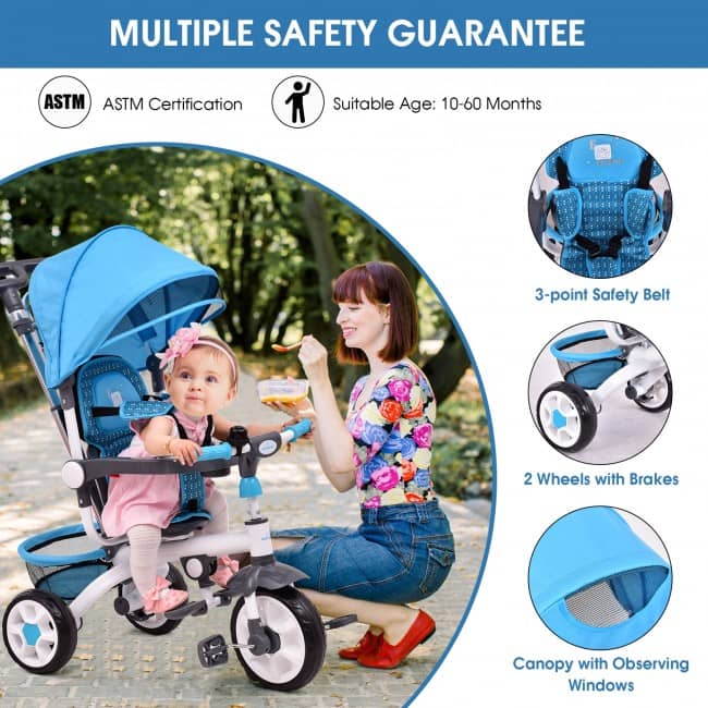4-in-1 Detachable Baby Stroller Tricycle with Round Canopy-Blue-Little Riderz